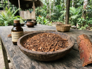Bowl of dried chuchuhuasi bark beside labeled herbal bottle and tree bark